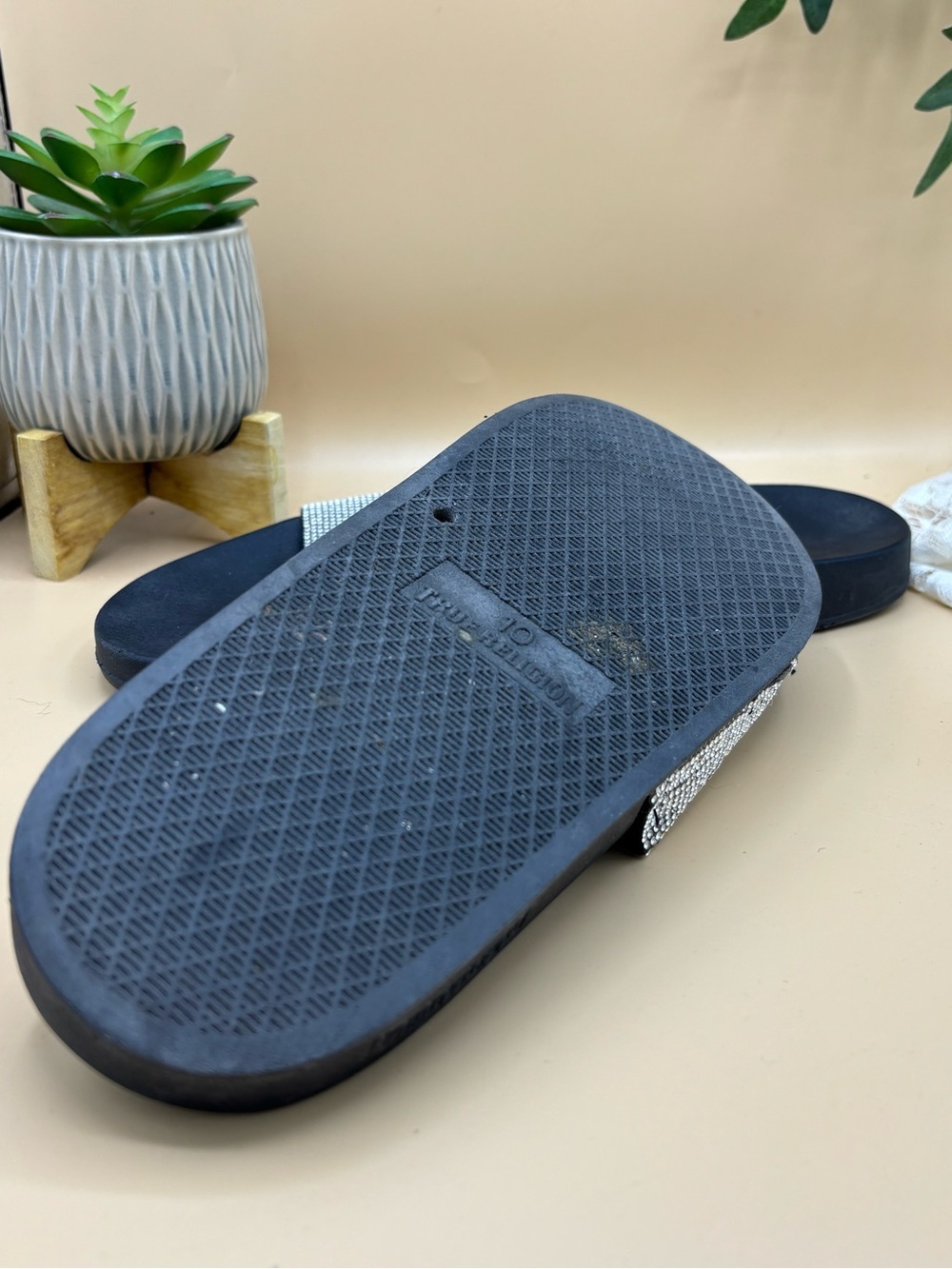 True Religion Black Slide Sandals with Silver Crystal Strap - Picture 4 of 4